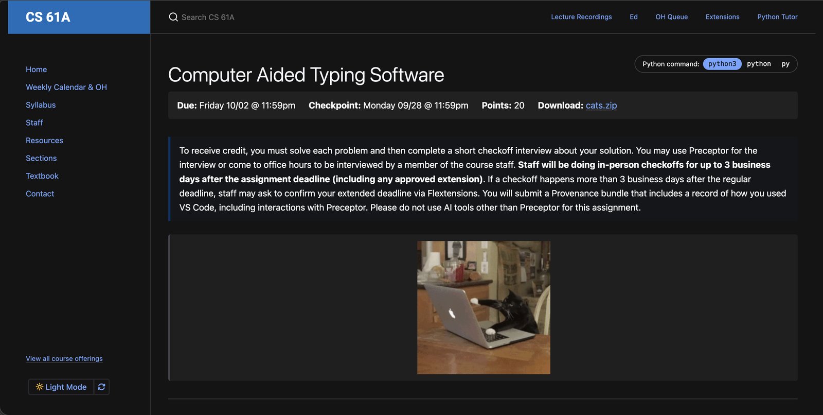 The CS 61A project page titled 'Computer Aided Typing Software', with a due date, a checkpoint, and a download link for cats.zip. A highlighted note says students must complete a short checkoff interview about their solution, will submit a Provenance bundle recording how they used VS Code including interactions with Preceptor, and should not use AI tools other than Preceptor. Below it is a GIF of a cat typing furiously on a laptop.