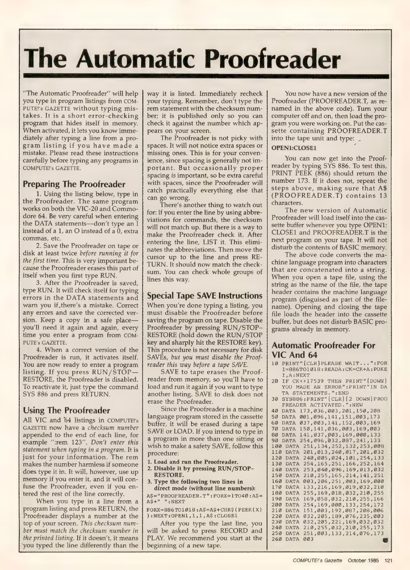 A scanned magazine page headed 'The Automatic Proofreader', with three columns of instructions and a short BASIC listing of numbered DATA statements at the bottom right.