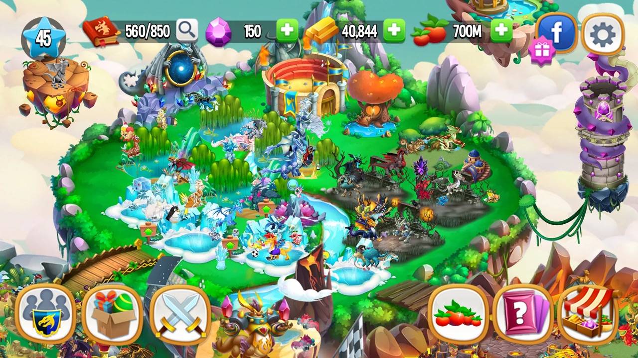 A promotional screenshot from Dragon City's Google Play store page: cartoon dragons perched on floating islands above a bright blue sky.
