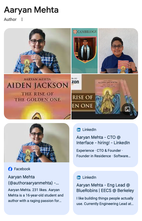 A Google knowledge panel for my name, labelled 'Author', showing photographs of me as a young teenager holding my book.