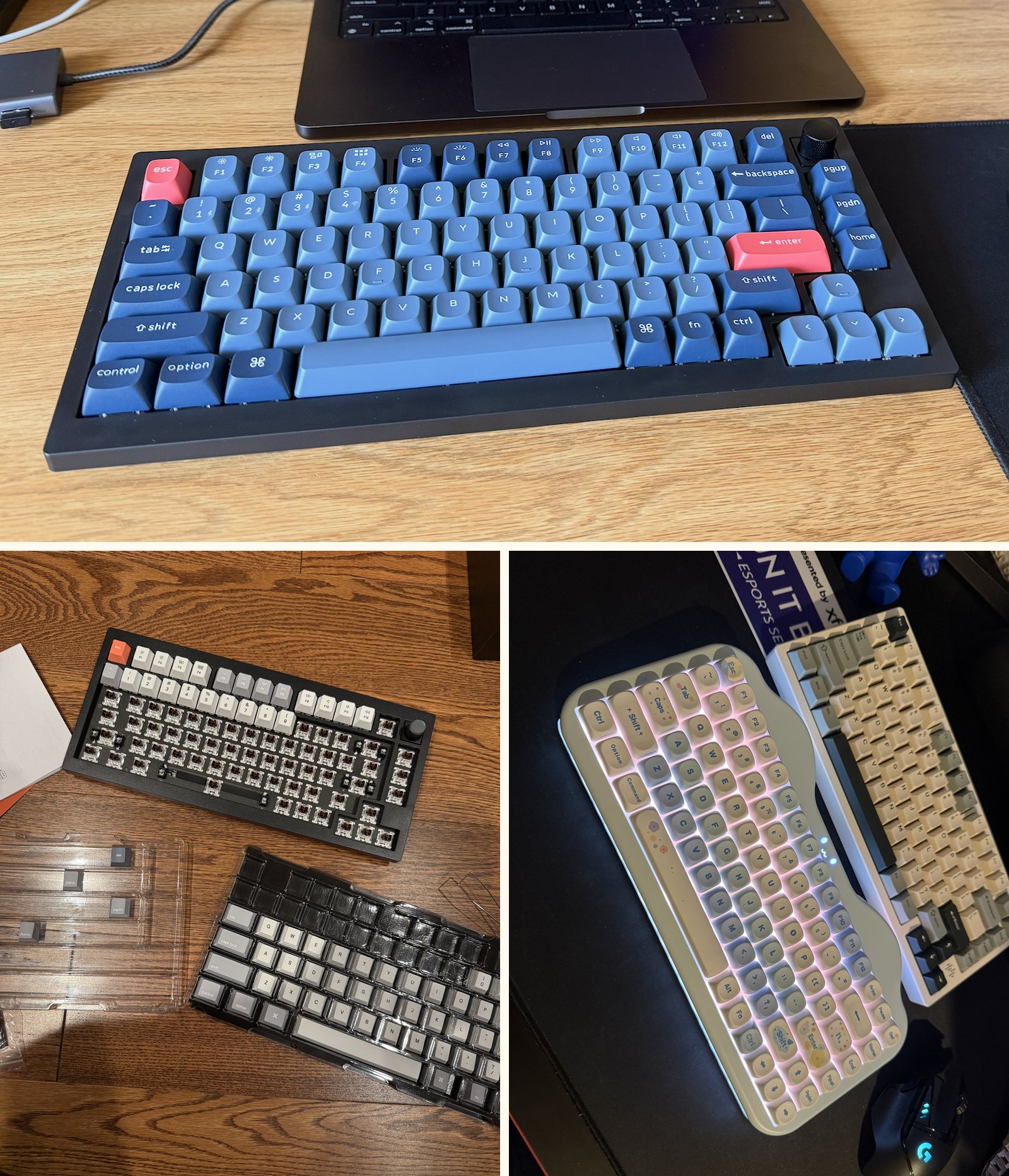 Three photos of mechanical keyboards. Top: a navy and slate-blue board with coral escape and enter keys, sitting in front of a laptop. Bottom left: a dark board with most of its keycaps off and its switches bare, next to plastic trays of grey and white keycaps waiting to go on. Bottom right: a cream, cloud-shaped board glowing faintly pink, next to a cream and grey tenkeyless.