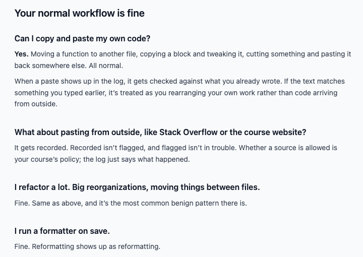Part of Provenance's student FAQ under the heading 'Your normal workflow is fine'. One question reads 'What about pasting from outside, like Stack Overflow or the course website?' and the answer reads 'It gets recorded. Recorded isn't flagged, and flagged isn't in trouble.'