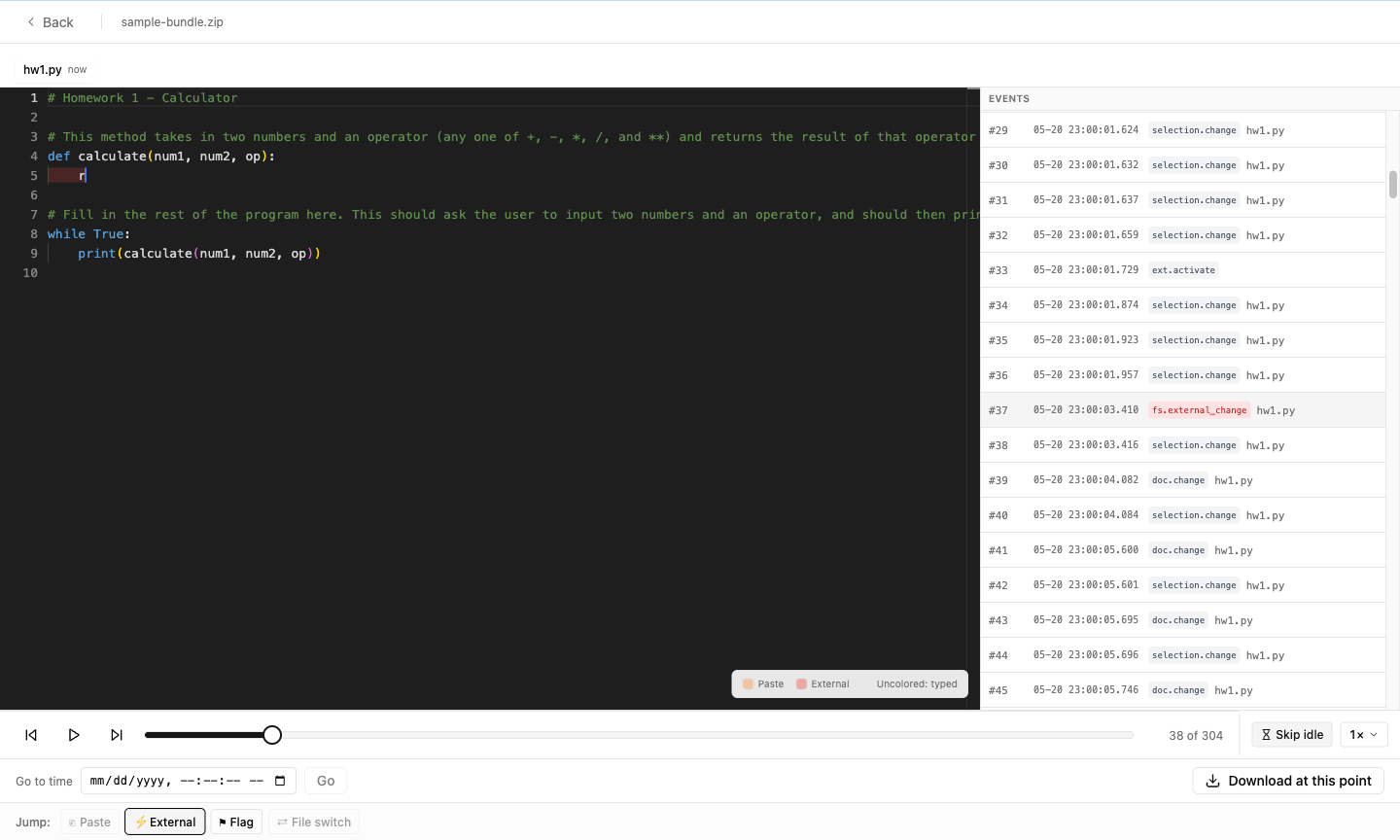 Provenance's replay view: a homework file on the left with one line highlighted, a timeline scrubber along the bottom, and a scrolling list of timestamped editor events on the right, one of them a red fs.external_change.