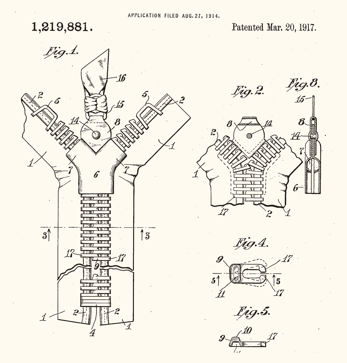 Sheet one of Gideon Sundback's 1917 separable fastener patent. Fig. 1 shows the Y-shaped slider with two rows of teeth entering the upper arms and a single joined chain leaving below it.